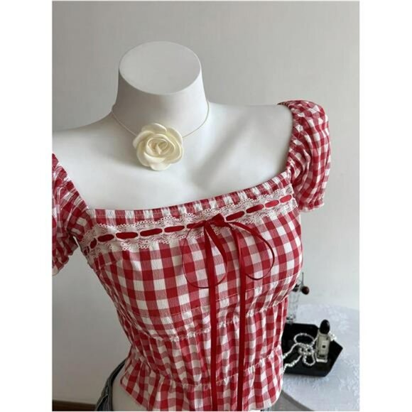 Y2k Plaid Puff Sleeve Crop Top Tie Front Ruffle Hem Going Out Party Blouse - Picture 3 of 6